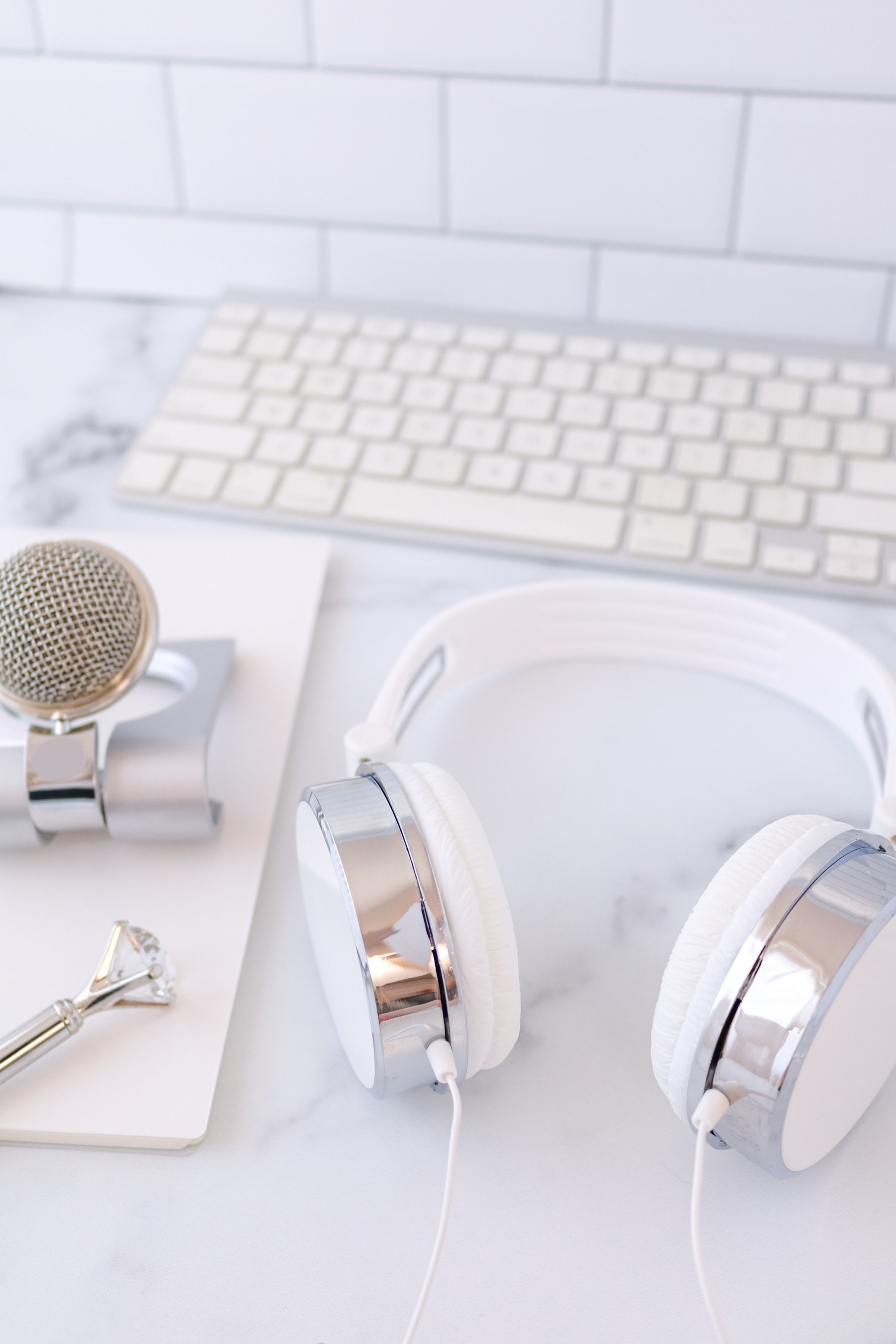 Podcasting Styled Stock Photo with Headphones and Office Supplies 